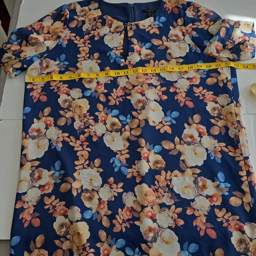 J. Crew 100% Silk Antique Floral Short Sleeve Shift Dress Blue Lined Size 10 - Picture 11 of 15